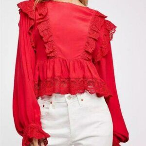 Free People Take It Easy Top Red with Lace Detailing. Size S.